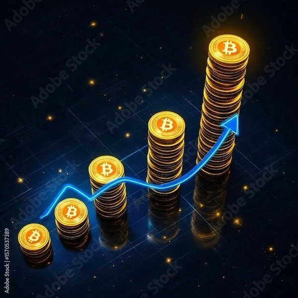 Fototapeta Top-down perspective of glowing golden coin stacks forming a bar graph, blue neon arrow line showing upward trend, futuristic digital finance theme, dark background with grid lights.