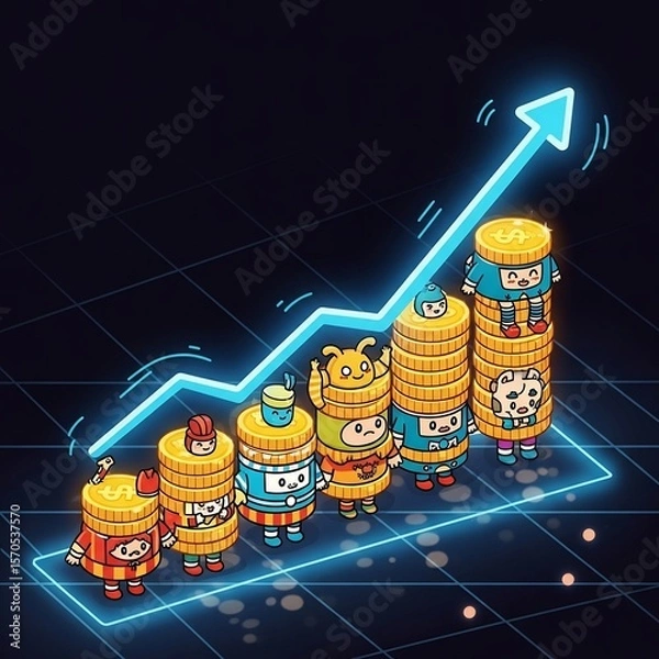 Fototapeta Top-down perspective of glowing golden coin stacks forming a bar graph, blue neon arrow line showing upward trend, futuristic digital finance theme, dark background with grid lights.