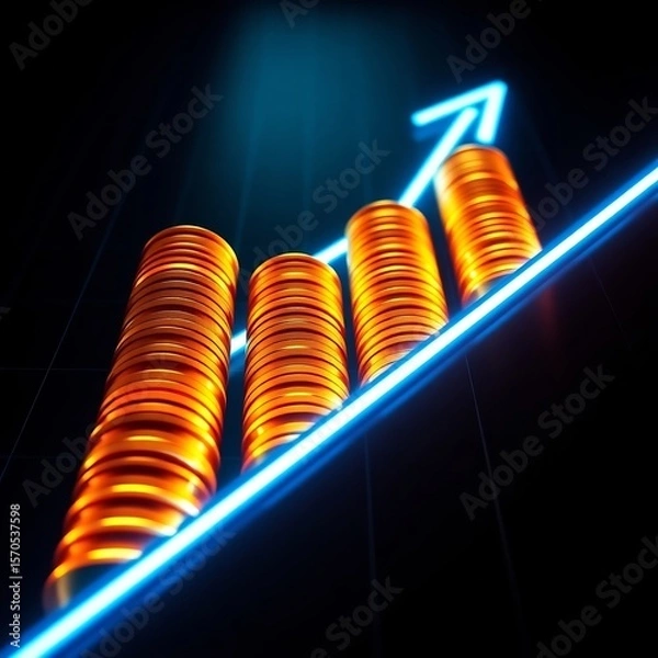 Fototapeta Top-down perspective of glowing golden coin stacks forming a bar graph, blue neon arrow line showing upward trend, futuristic digital finance theme, dark background with grid lights.