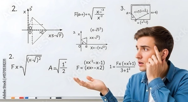 Obraz Puzzled Man Ponders Complex Mathematical Equations on Whiteboard Background