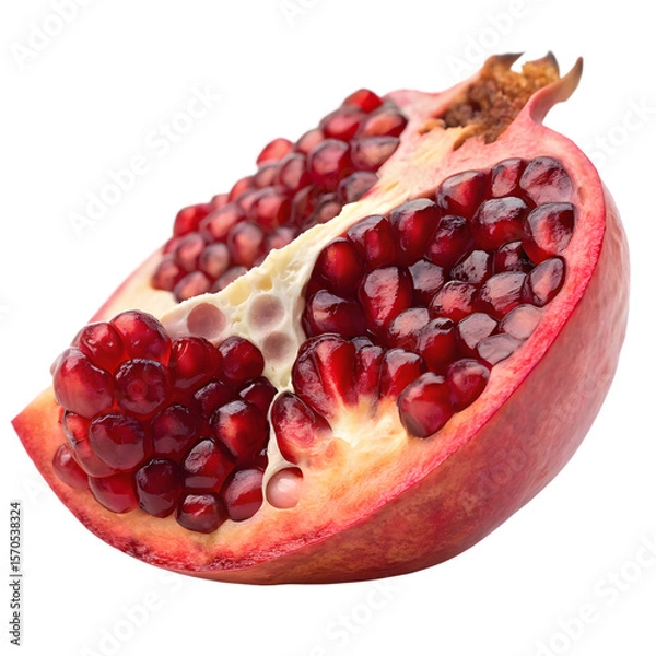 Fototapeta Close up of a ripe pomegranate segment with juicy red seeds isolated on transparent background