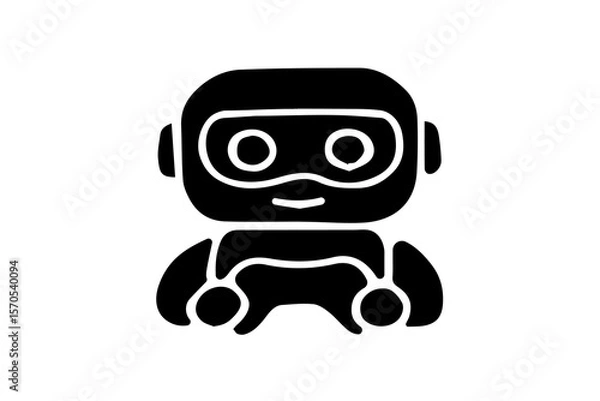 Fototapeta The image is a solid black silhouette of a cartoon-style robot icon set against a white background. The robot has a rounded head with a goggle-like visor featuring two circular eye cutouts