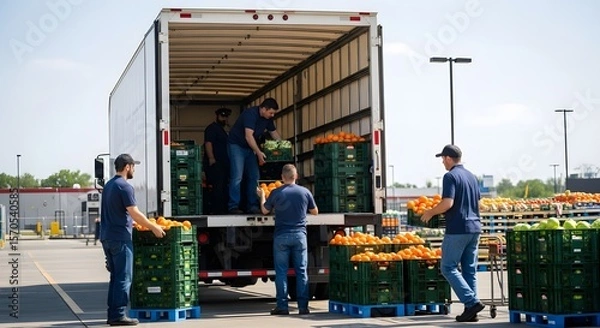 Fototapeta Workers Loading Fresh Oranges into Truck at Distribution Center