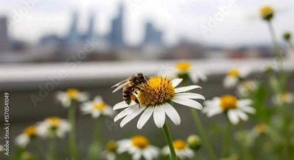 Obraz Bee Pollinating Daisy Flower with City Skyline in Soft Focus Background