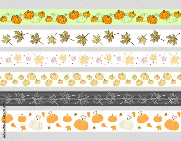 Fototapeta Different ribbons with autumn decor, isolated on a grey background. Collection of various horizontal edging with pumpkins, acorns, oak and maple leaves. Vector set of seamless borders and washi tape 