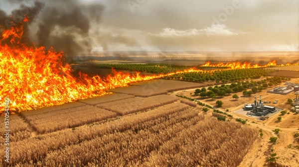 Obraz Wildfire engulfs farmland and forest in rural area, with factory in background; illustrating environmental disaster