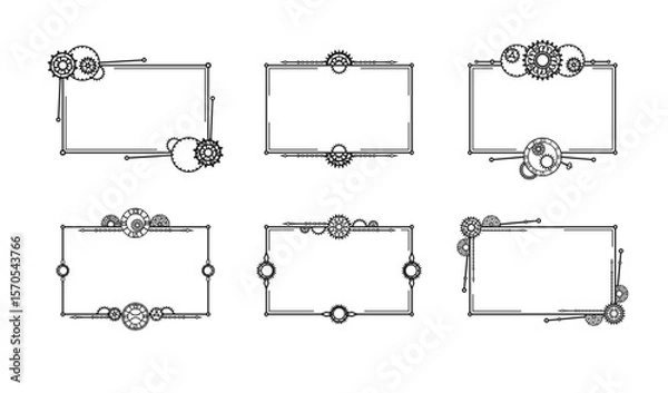 Fototapeta Rectangular frames with different gears, openwork cogwheels and chains. Black elements, isolated on a white background. Mechanism. Steampunk. Vector set for greeting card design, decoration or signage