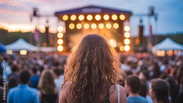 Fototapeta Excited Crowd at a Music Festival - View of Audience with Stage Lights in the Background