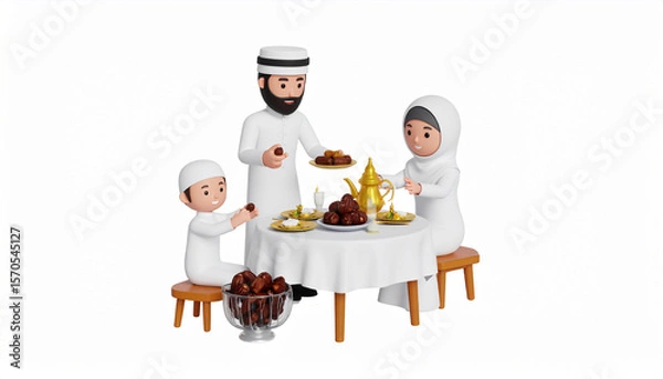 Obraz 3D Cartoon of Family Breaking Fast with Dates, Ramadan Iftar Meal Together