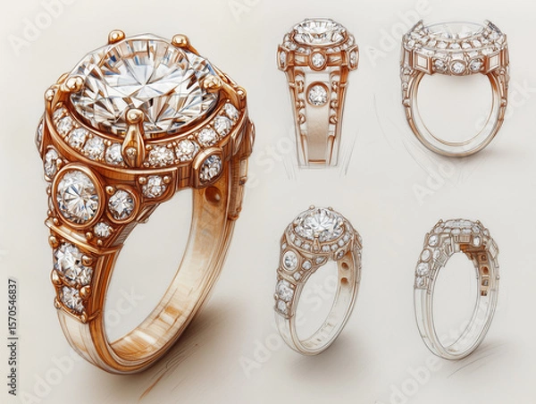 Fototapeta Prototype and sketch of white gold engagement ring with diamond. Hand draw sketch illustration isolated on white background