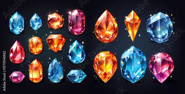 Fototapeta Set of different shiny gems and crystals