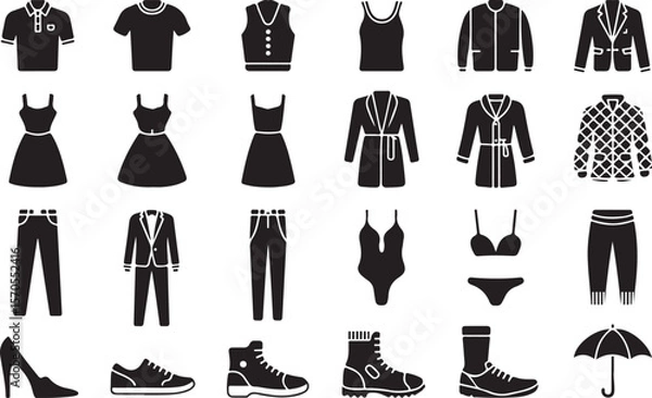 Fototapeta Clothes and Fashion Line Icons.Simple silhouette clothing and apparel icon set for fashion.Clothing, fashion icon set. Vector glyph pictograms of shirt, dress, jacket, shoes, handbag, apparel, accesso