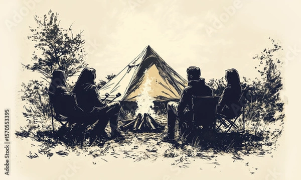 Fototapeta Group of friends sitting near campfire with tent in background enjoying marshmallows and camping. Hand draw sketch illustration isolated on white background