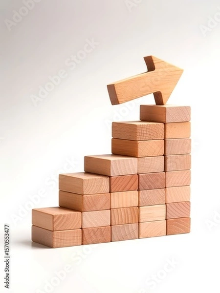 Fototapeta Wooden blocks and arrow representing business growth and upward trend concept
