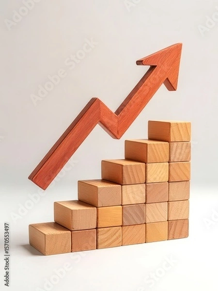 Fototapeta Wooden blocks and arrow representing business growth and upward trend concept
