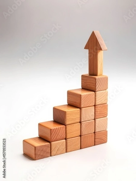 Fototapeta Wooden blocks and arrow representing business growth and upward trend concept