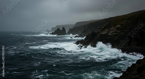 Fototapeta Storm Clash: Waves Crashing Against Sea Cliffs Under a Dark Sky