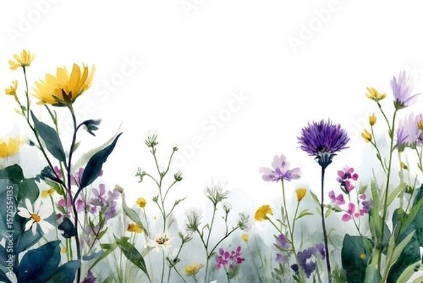 Fototapeta Watercolor wildflowers on a white background, with yellow, red, blue, purple, and pink flowers in a landscape with a meadow, and a border frame design.