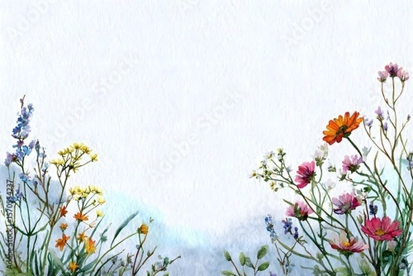 Fototapeta Watercolor wildflowers on a white background, with yellow, red, blue, purple, and pink flowers in a landscape with a meadow, and a border frame design.
