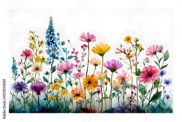 Fototapeta Watercolor wildflowers, a meadow landscape with colorful flowers on a white background, a spring scene