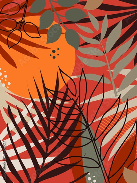 Fototapeta Tropical branches and leaves against the backdrop of the evening sunset. 