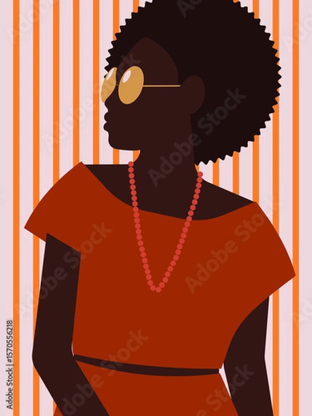Fototapeta Fashionable and stylish woman in orange dress with beads and sunglasses on striped background posing portrait. 