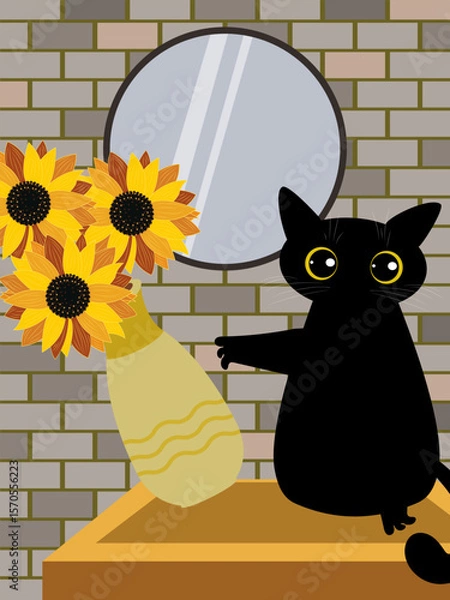 Fototapeta A funny episode in the room as a black mischievous cat with big eyes drops a vase of sunflowers on the floor with his paw. Vector.