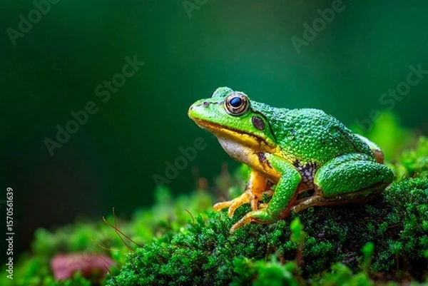 Fototapeta frog resting on moss with dewdrops creating tactile texture focus, rainforest background