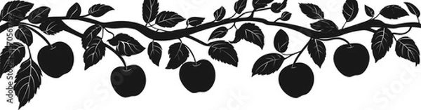 Fototapeta Apple tree branches with leaves and apples. Horizontal vector border