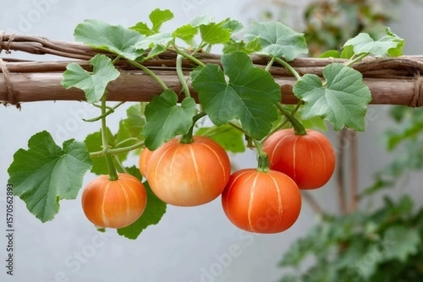 Obraz Orange pumpkins growing on the vine in a greenhouse