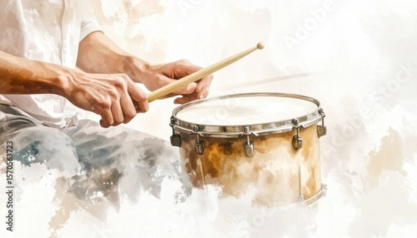 Obraz Soft Focus Hand Drumming Motion Blur On Canvas Featuring Brown Drumstick And Beige Drum