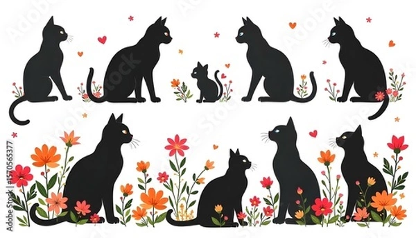 Obraz Collection of black cat silhouettes, art vector design. Cat Vector.