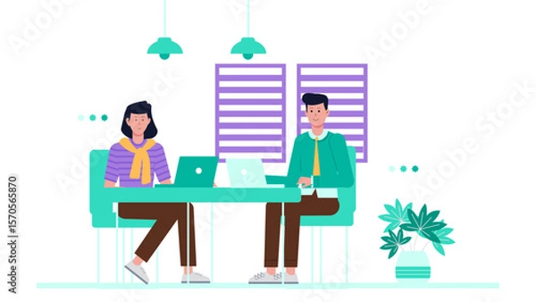 Fototapeta Entrepreneurs Working Together in Co-Working Space, flat vector illustration