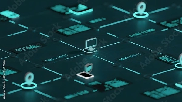 Fototapeta Abstract Network of Devices Connected with Glowing Lines and Data Transfer