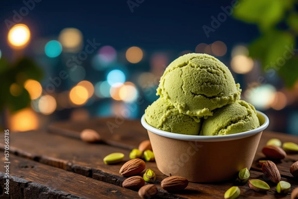 Fototapeta Delicious Pistachio Ice Cream Scoops in a Bowl on a Wooden Table with a Blurred Cityscape Background at Night