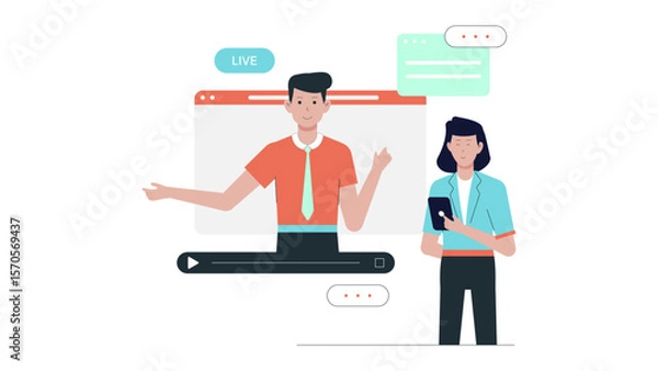 Fototapeta Live online presentation with a viewer. Suitable for remote work concept, webinar promotions, digital marketing campaigns, and virtual meetings content.
