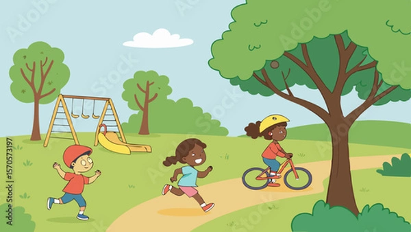 Fototapeta Diverse children enjoying a sunny day at the park with one riding a bicycle another running and a third near a playground with swings and a slide