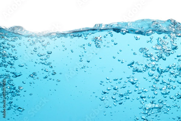 Fototapeta Air Bubbles Float Up in Water. Water Splashing, Pure Drinking Water, Oxygen Relaxation. Blue Water Textured on White Background.	