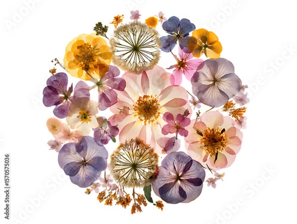 Obraz  Pressed Flowers in Radial Composition on White Background 