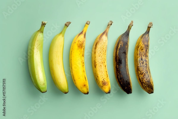 Fototapeta A single banana split into vertical sections, each showing a different stage of ripeness
