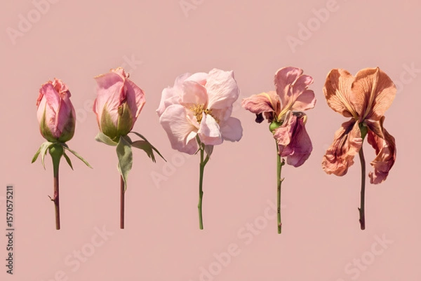 Fototapeta A single flower split into five vertical sections, each representing a different stage of bloom