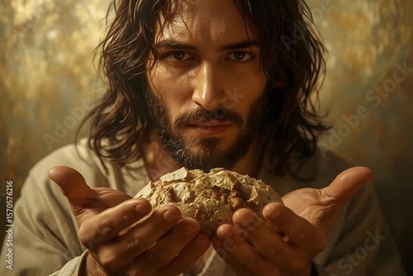 Fototapeta Jesus Christ holding a piece of bread in His hands, symbolizing the miracle of feeding the multitudes