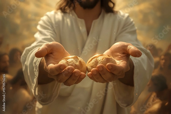 Fototapeta Jesus Christ holding a piece of bread in His hands, symbolizing the miracle of feeding the multitudes