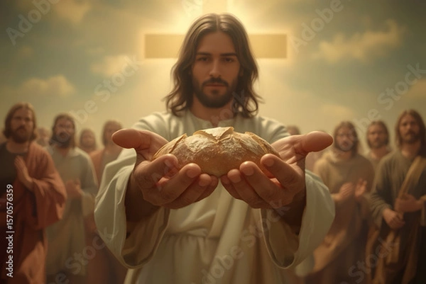 Fototapeta Jesus Christ holding a piece of bread in His hands, symbolizing the miracle of feeding the multitudes