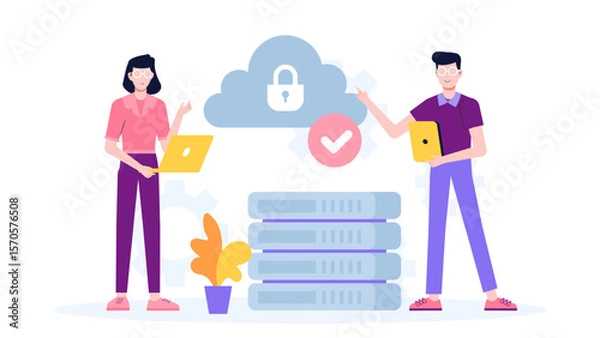 Fototapeta IT team auditing cloud infrastructure flat vector illustration