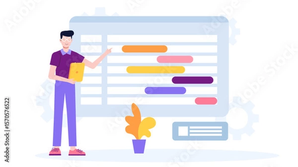 Fototapeta Project team setting milestones with Gantt chart flat vector illustration