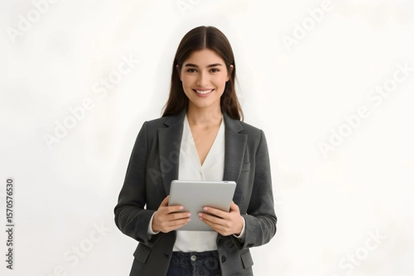 Fototapeta A professional young businesswoman holding a tablet with both hands while smiling confidently