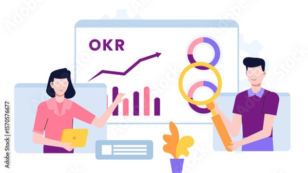 Fototapeta Remote team reviewing OKR dashboard progress flat vector illustration