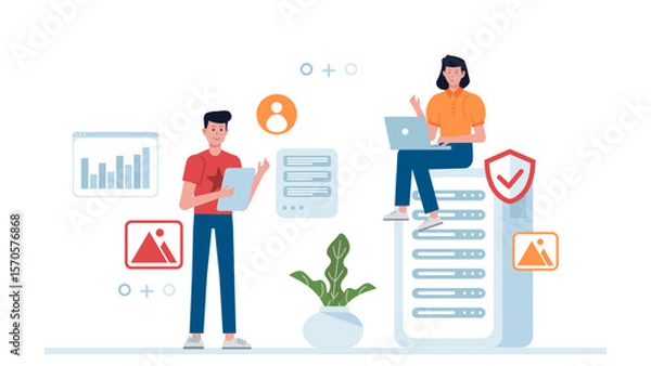 Fototapeta IT team auditing cloud infrastructure flat vector illustration