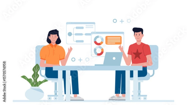 Fototapeta Startup team running internal innovation hackathon flat vector illustration